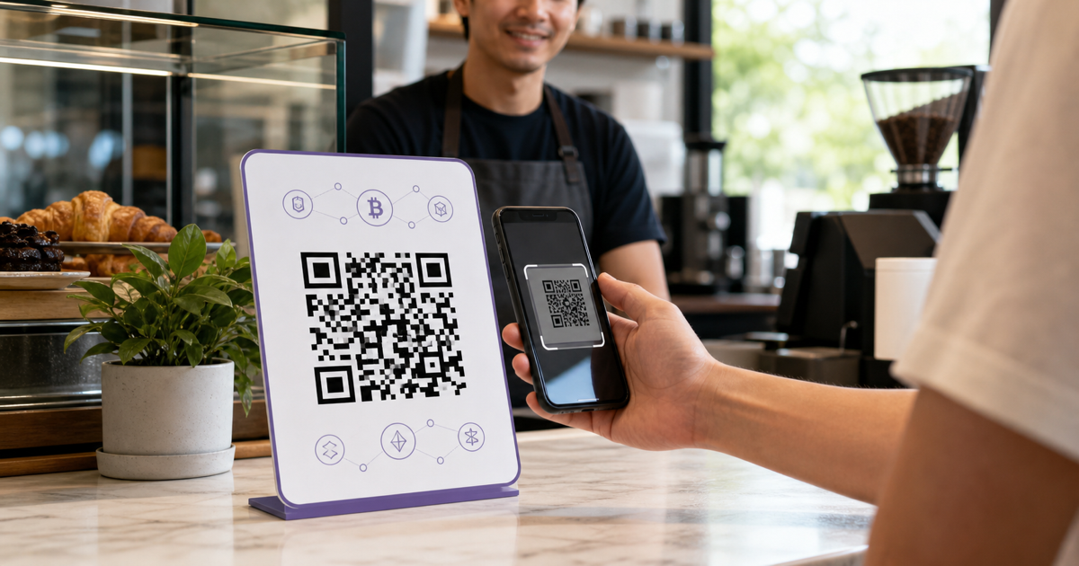 A cafe customer scanning a cryptocurrency payment QR code displayed at the counter.