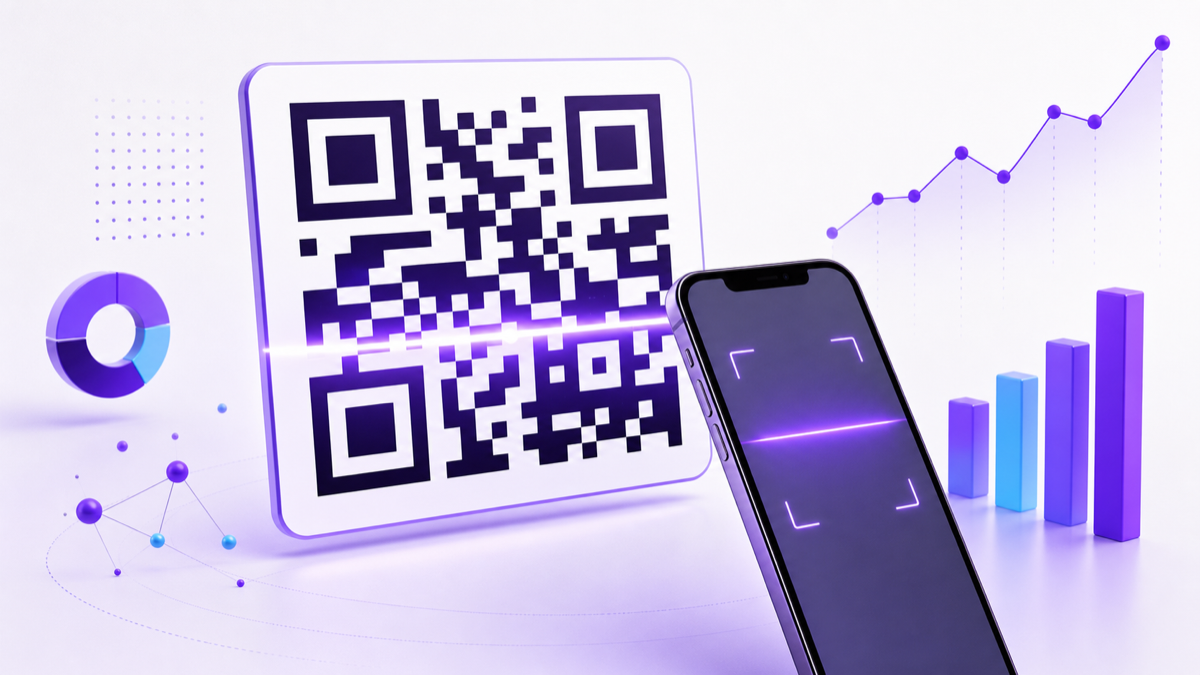 A QR code, phone scan, and analytics charts illustrating scan-rate measurement.