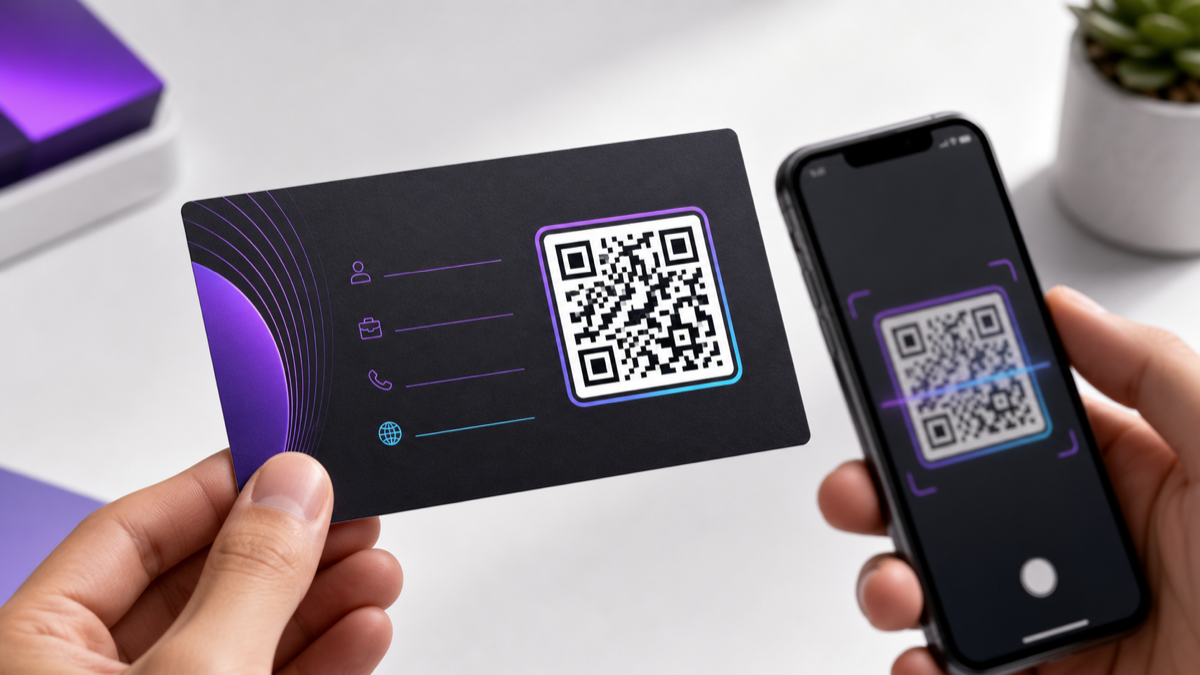 A printed business card with a QR code being scanned by a phone.