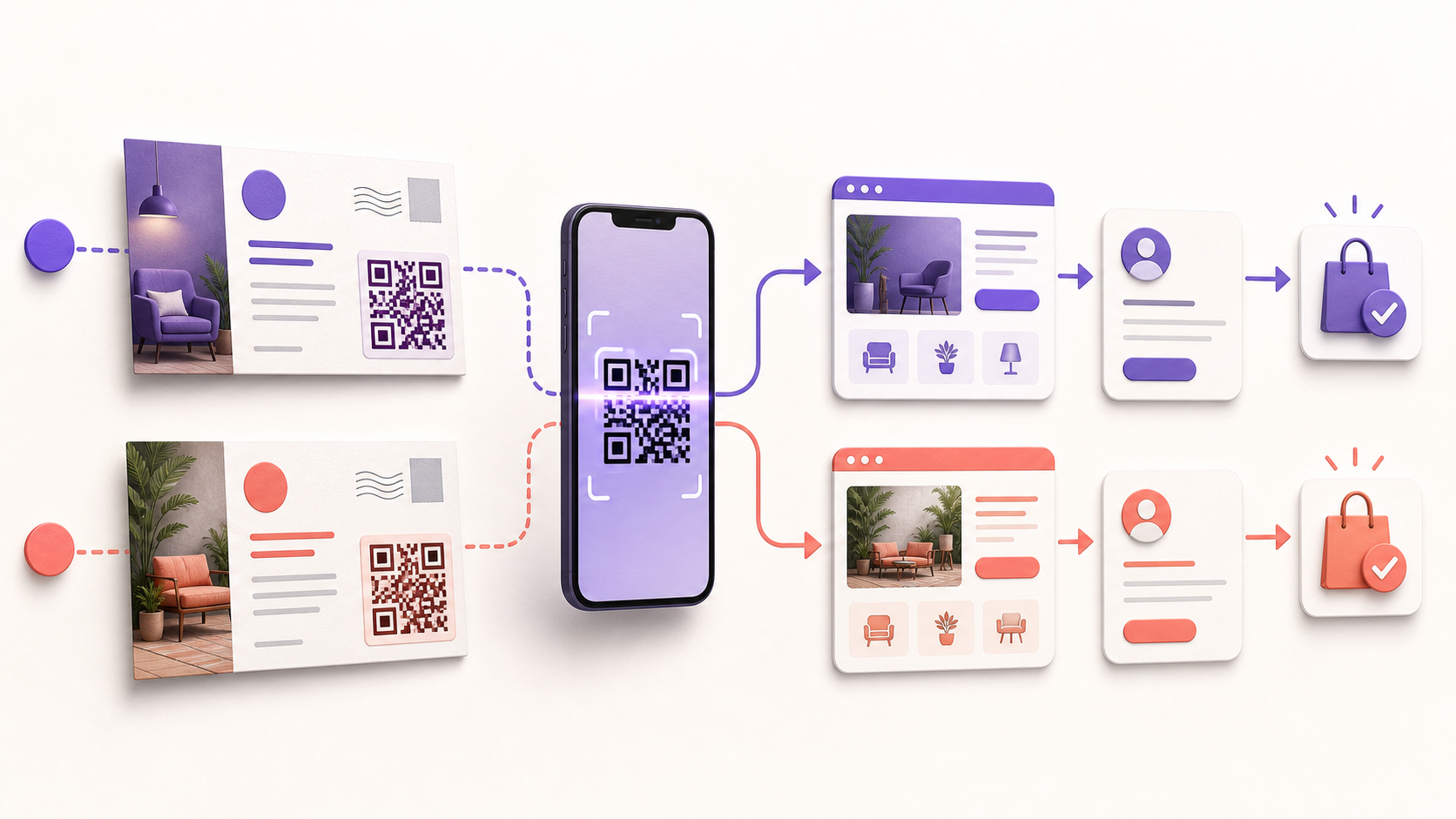 Two postcard creatives use separate QR paths to distinguish sessions, leads, and sales.