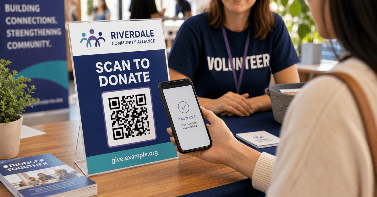 A nonprofit donation sign with a QR code being scanned by a volunteer.