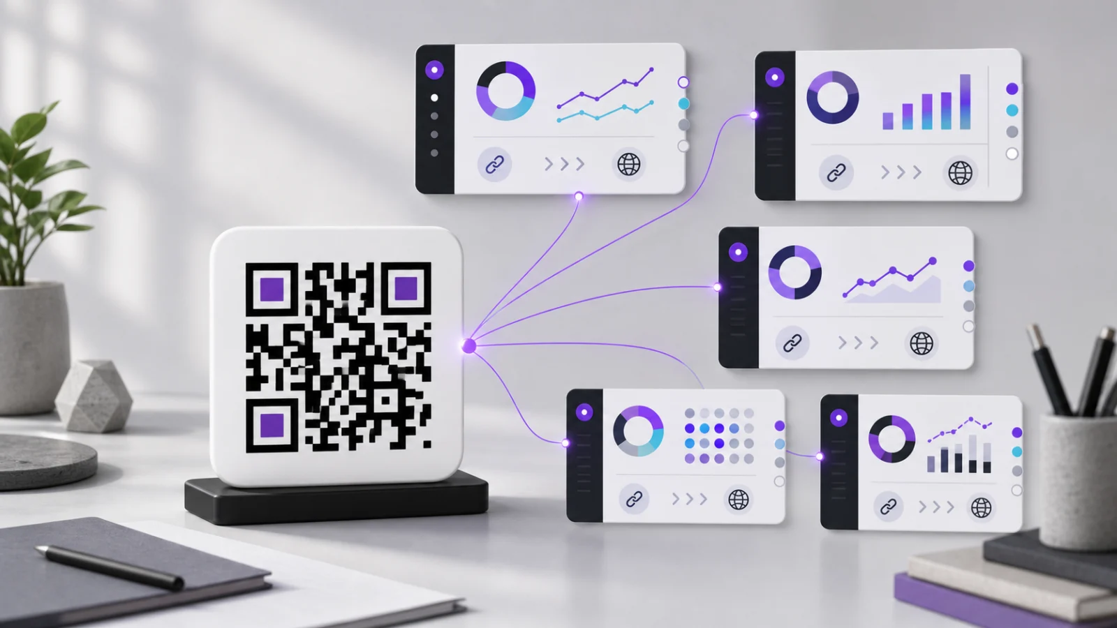 An illustration of one QR code linked by glowing lines to five analytics panels showing charts and link icons.