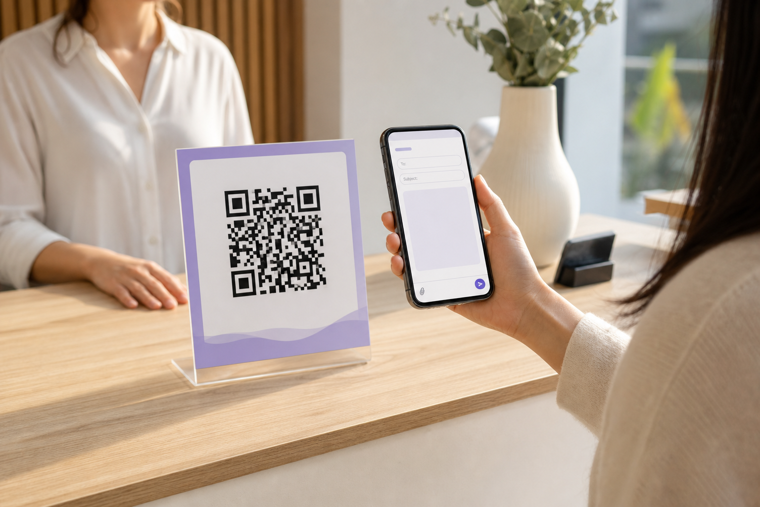A person scanning an email QR code beside a phone showing a prepared message.