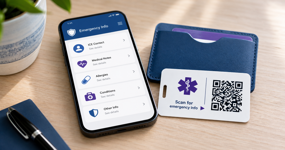 An emergency medical ID card with a QR code beside a phone showing health information.