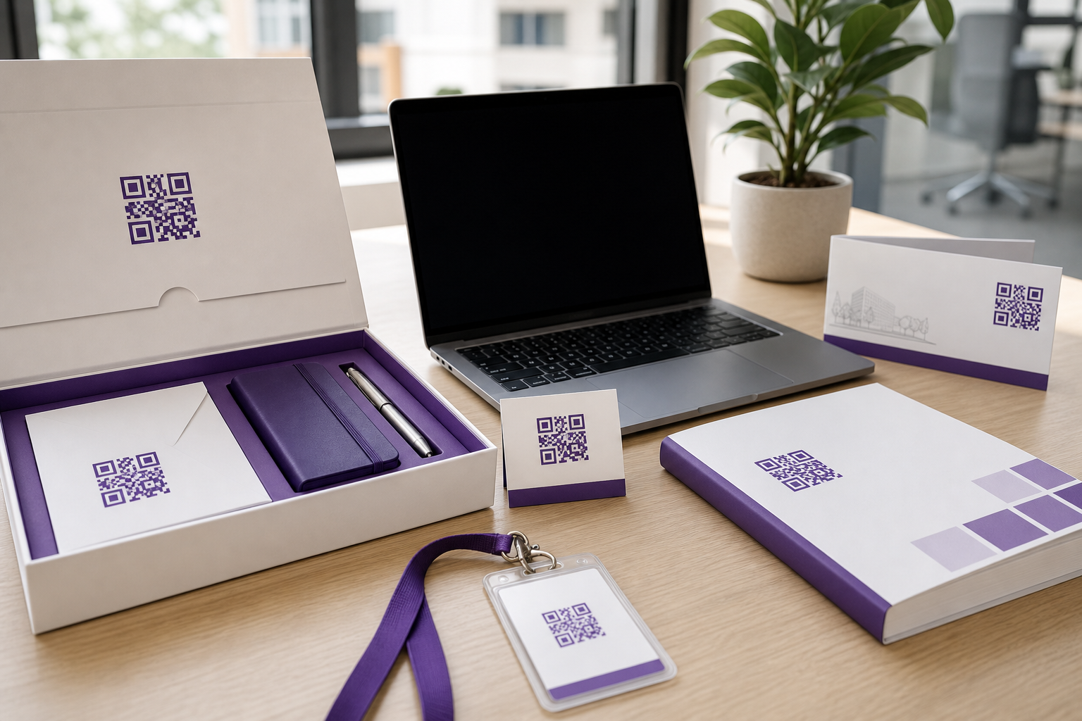 Employee onboarding materials and equipment labeled with QR codes.