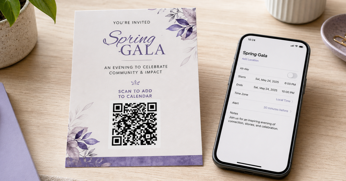 An event invitation with a QR code beside a phone showing a calendar entry.