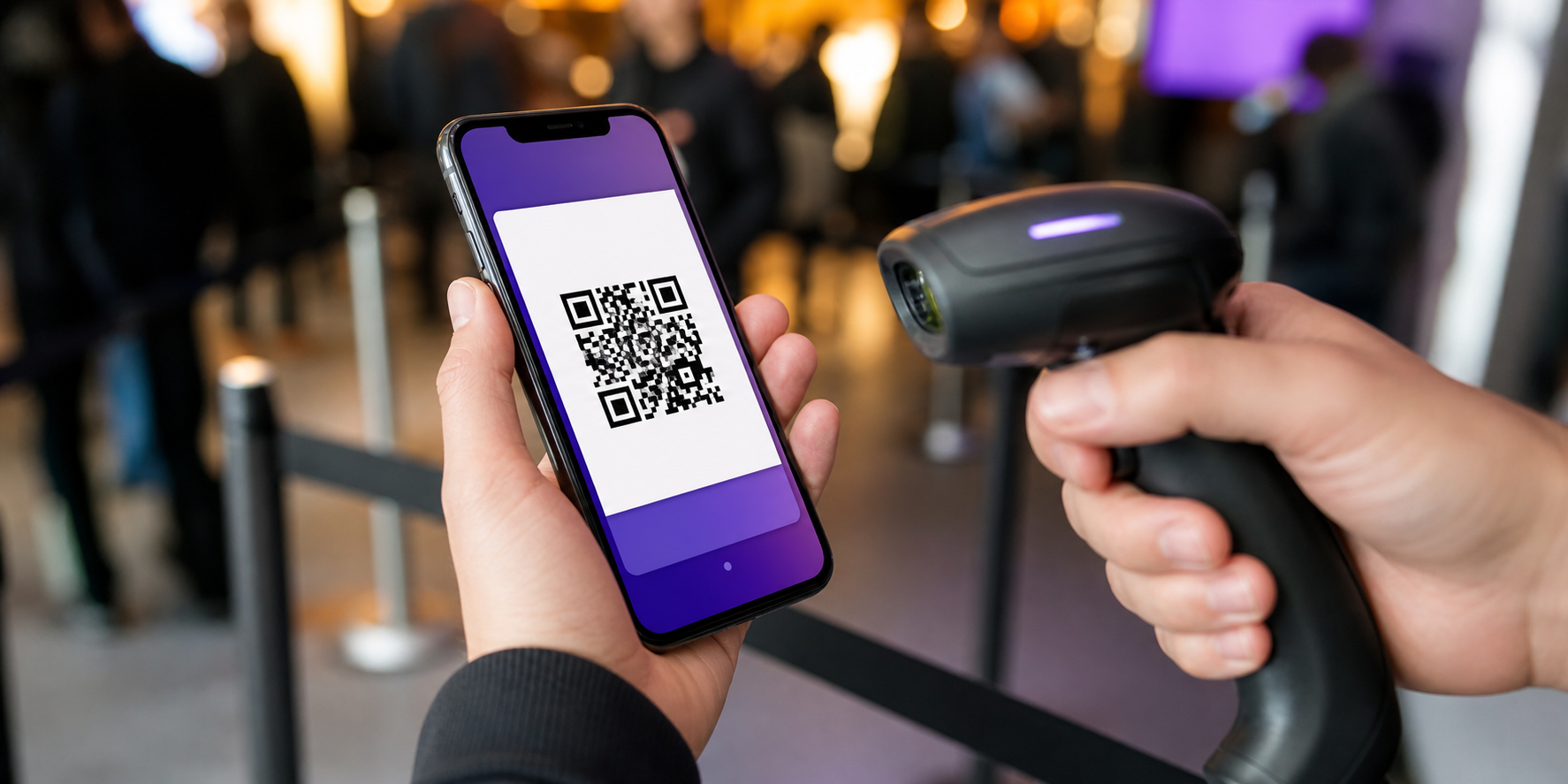 An event ticket QR code being checked with a handheld scanner.