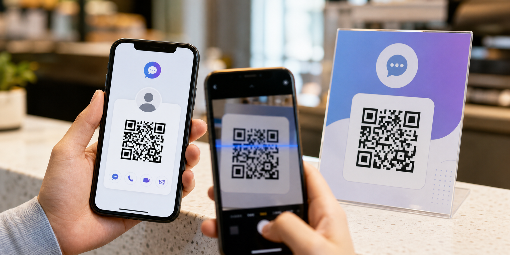 Phones scanning a Messenger QR code displayed on a counter card.