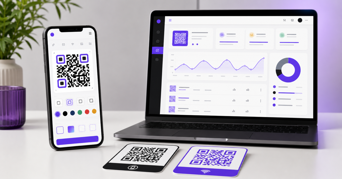 A QR code generator on a laptop with design previews and scan analytics.