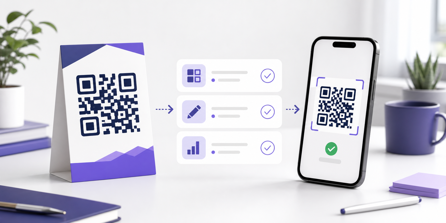 A printed QR code connected to a management dashboard and a successful phone scan.