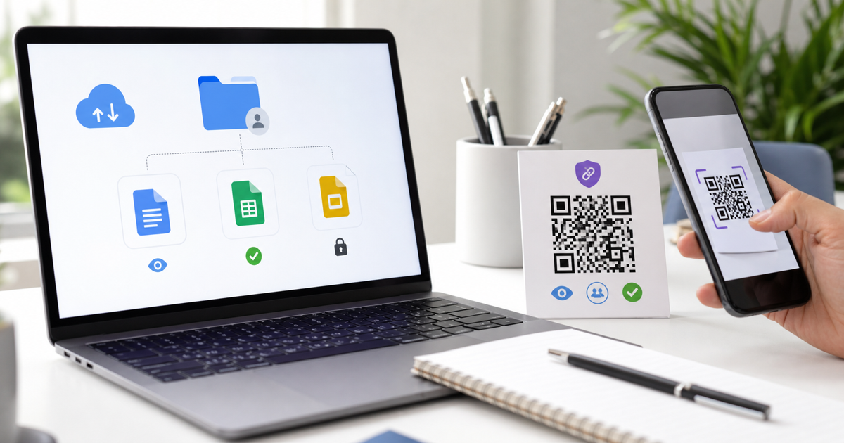 Google Drive files on a laptop connected to a printed QR code and phone scan.