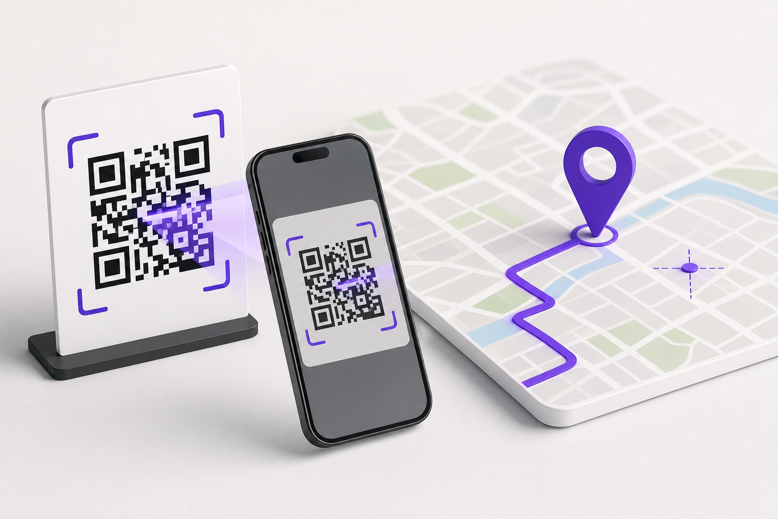 A QR code and phone scan connected to a marked route on a map.
