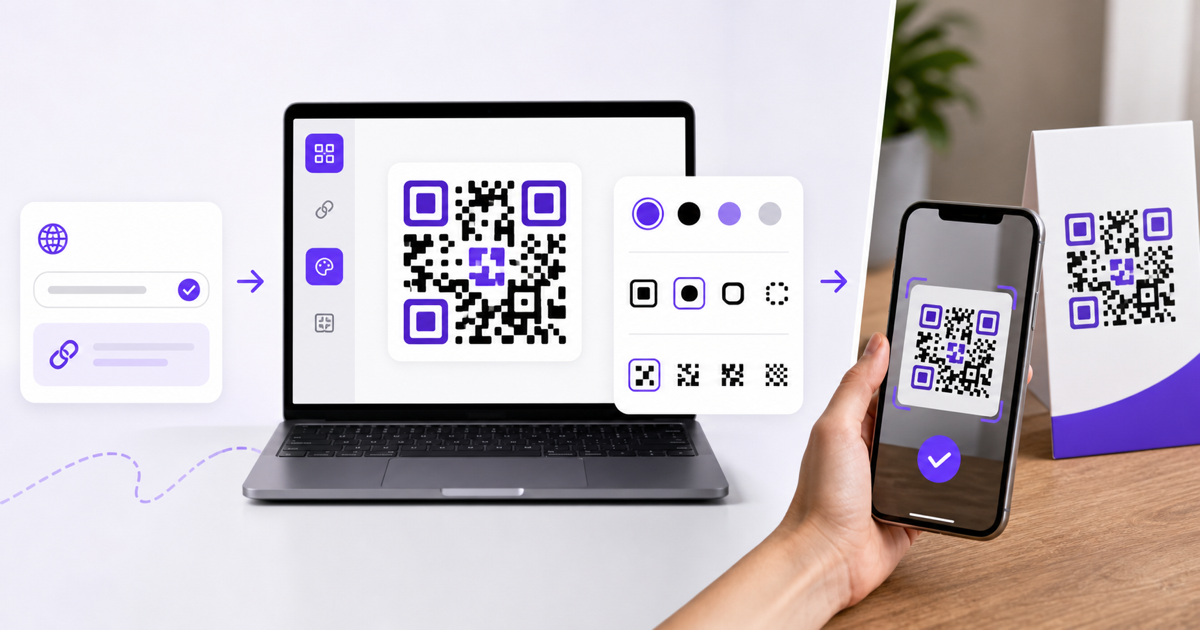 A QR code generator workflow shown across a laptop, phone, and printed card.