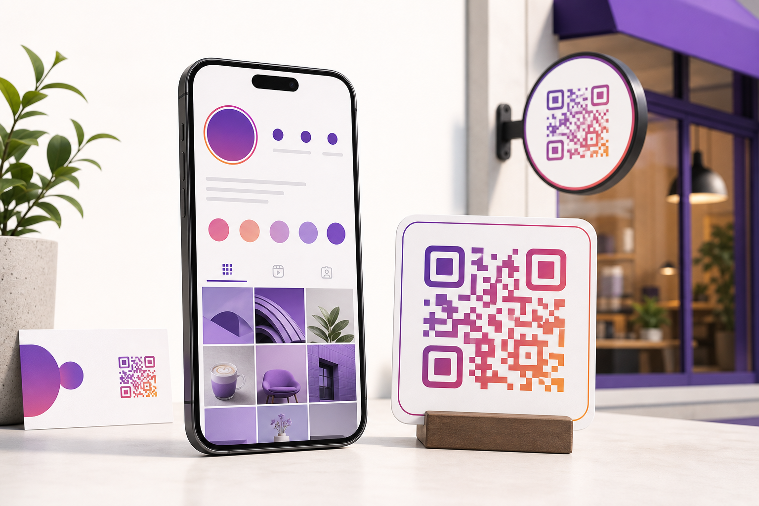 An Instagram profile QR code being designed on a phone and displayed in a shop.