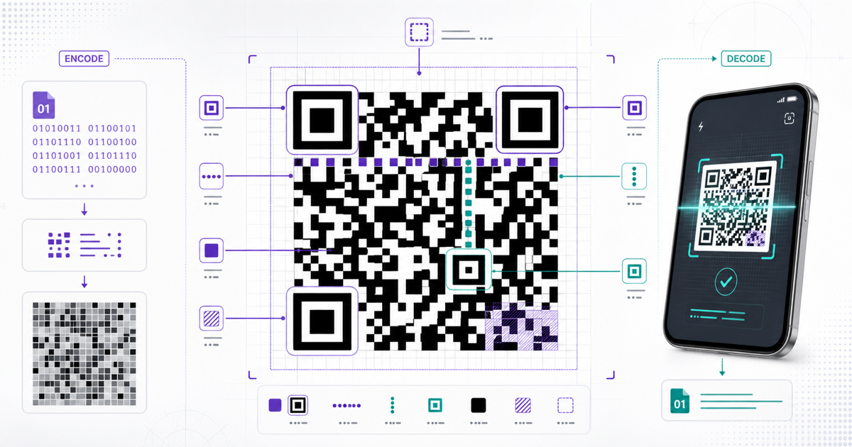 QR code structure, encoding details, and a phone scan illustrating the ISO standard.