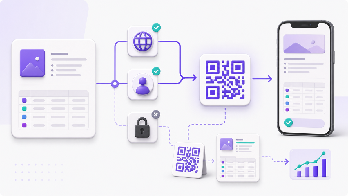 A document and database passing through access choices to a QR code and phone.