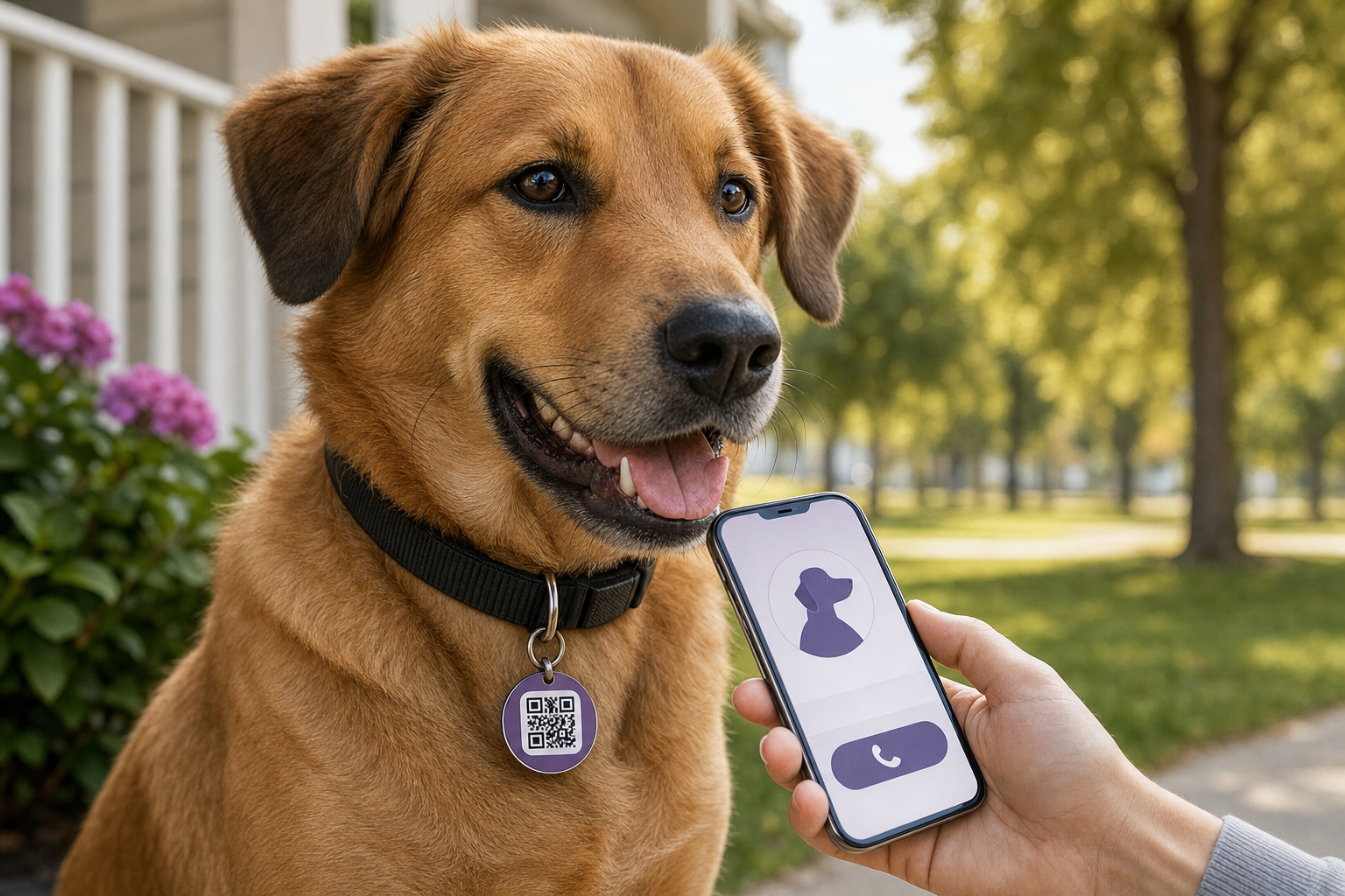 A dog wearing a QR code tag while a phone displays the pet contact page.
