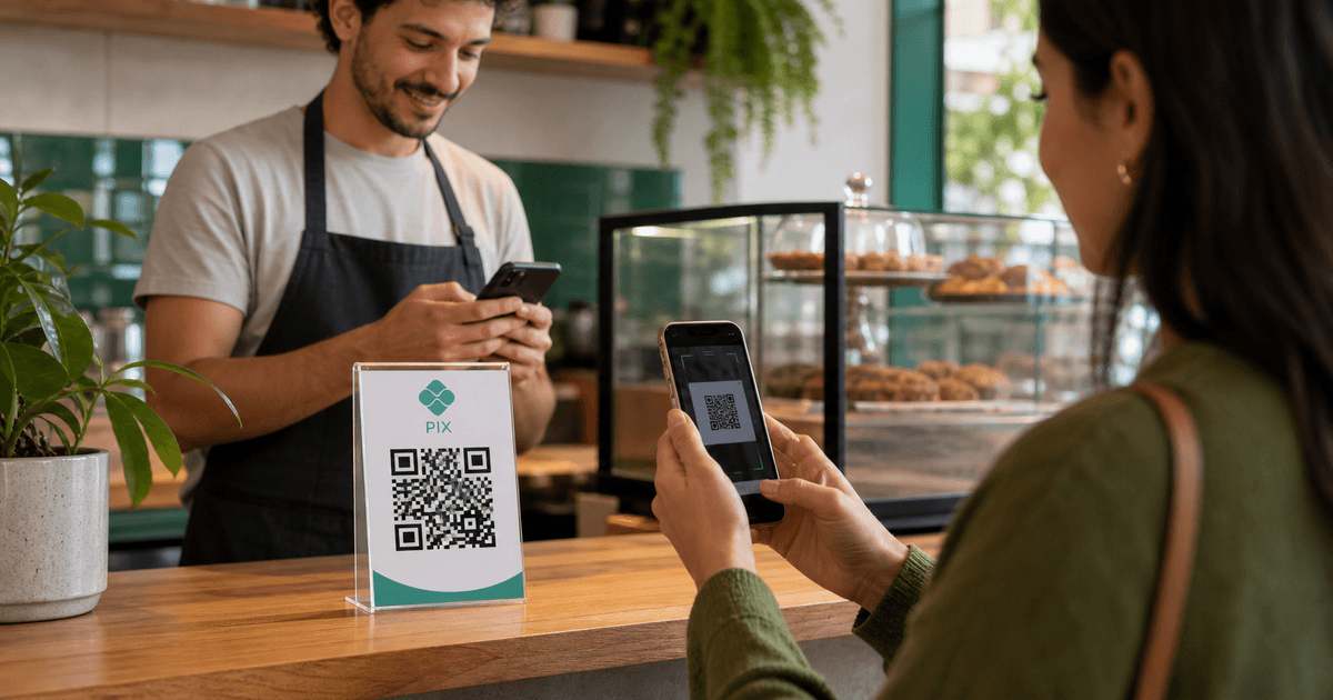 A customer scanning a Pix payment QR code at a cafe counter.