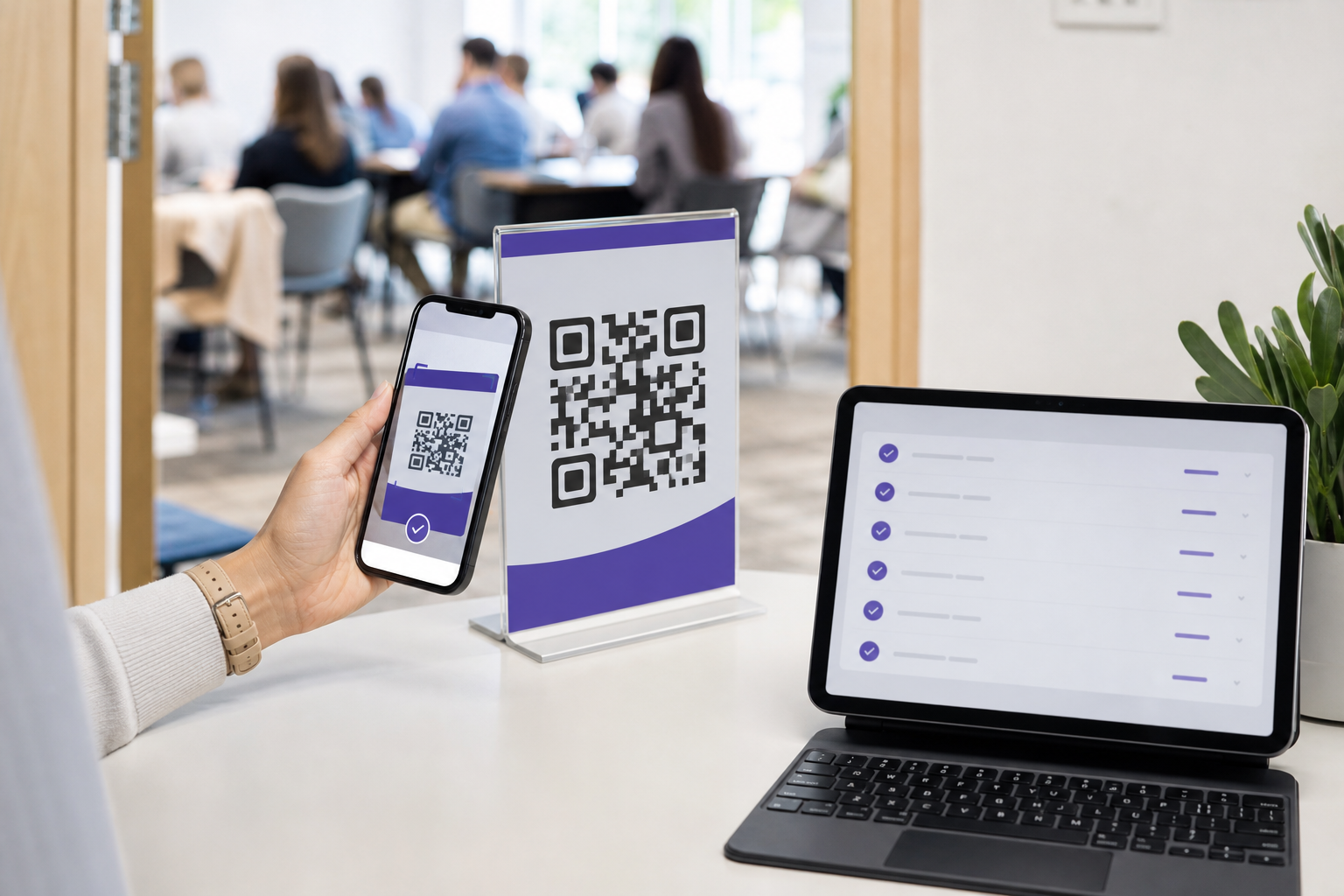 An event check-in QR code beside a phone and laptop attendance list.