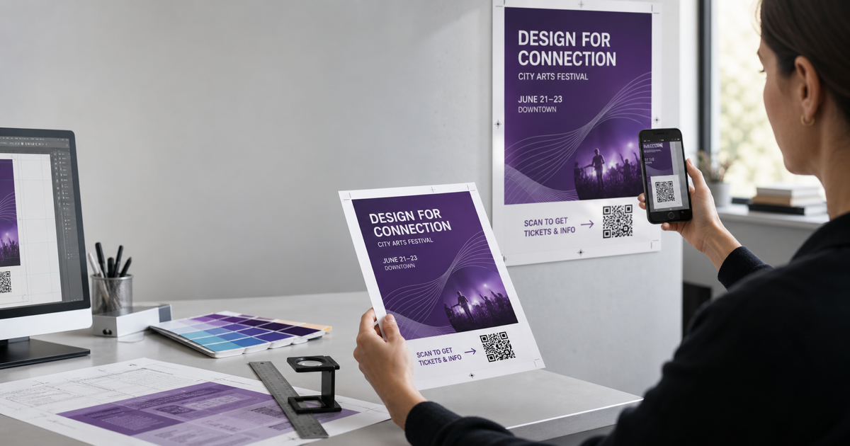 A designer testing a QR code on a printed poster before production.