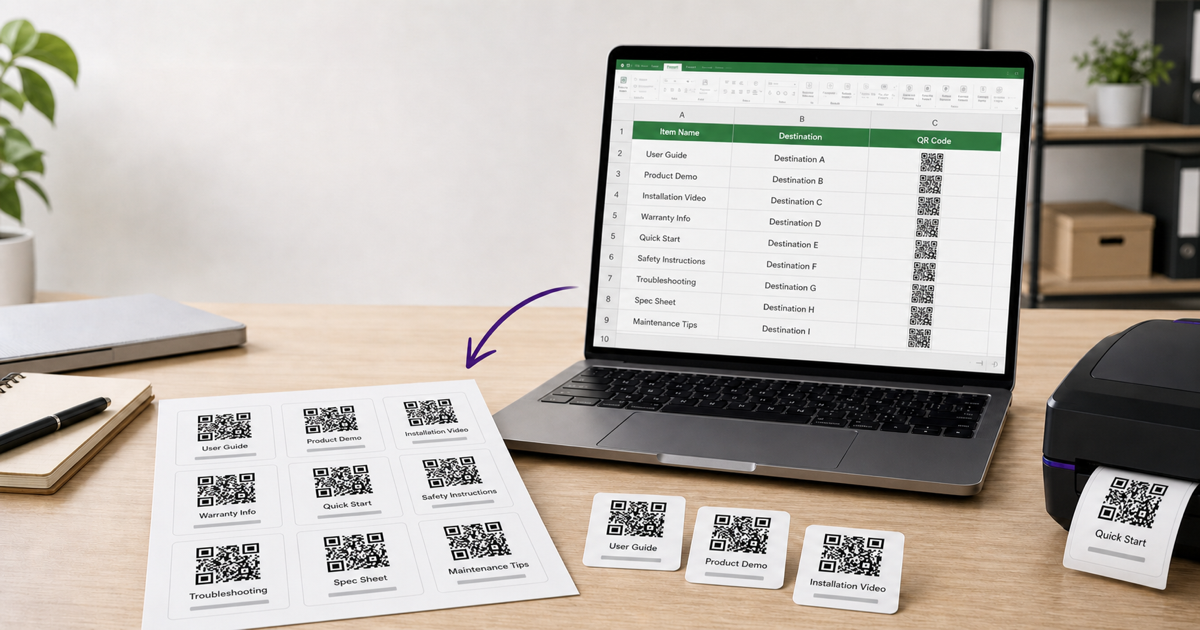 A spreadsheet of QR data beside printed QR code labels and a phone scan.