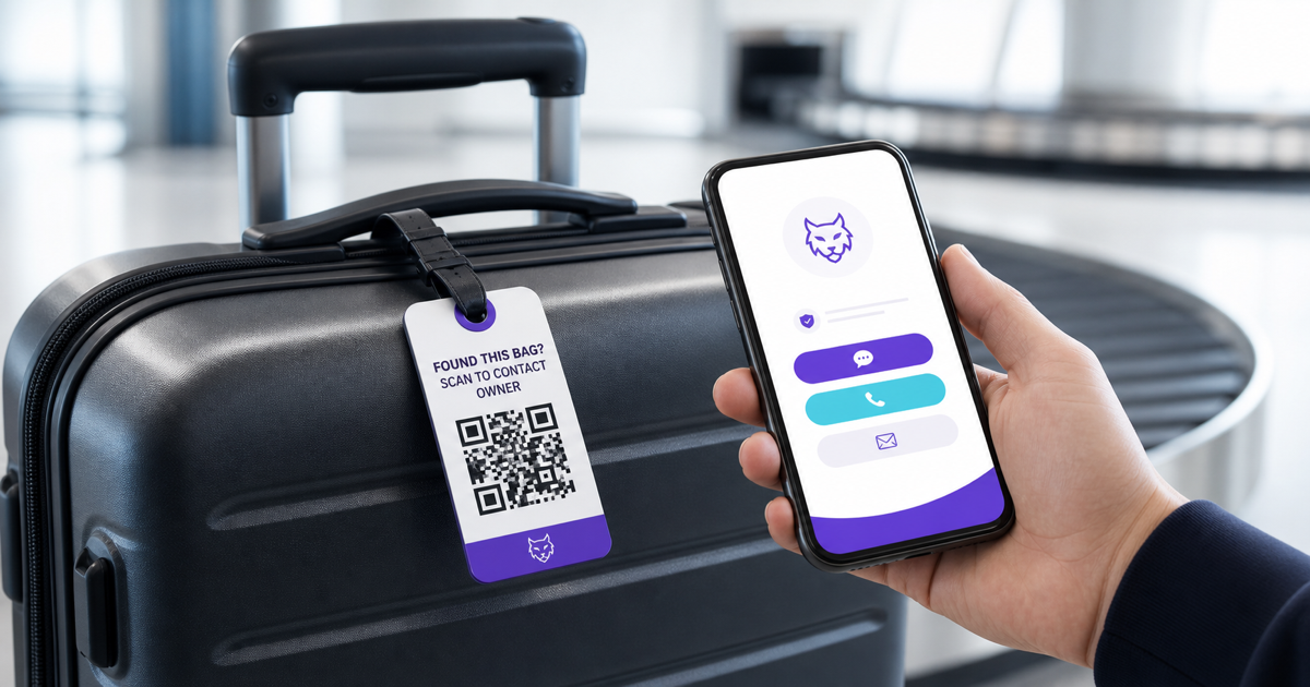 A QR code luggage tag being scanned beside a suitcase.