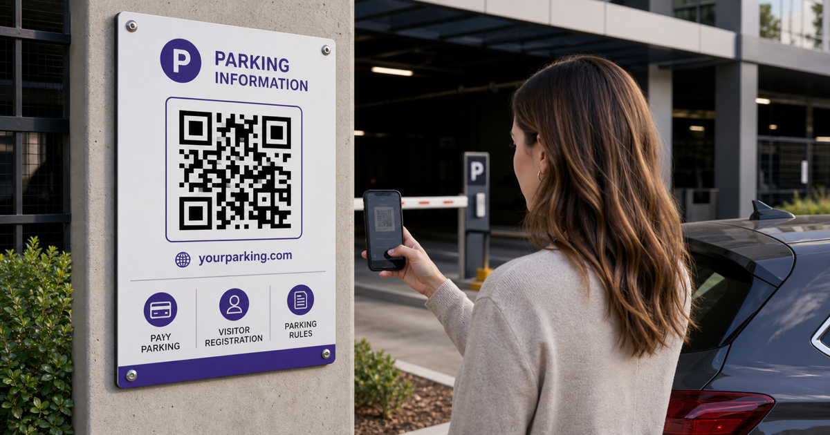 A driver scanning a parking information QR code beside a parking facility.