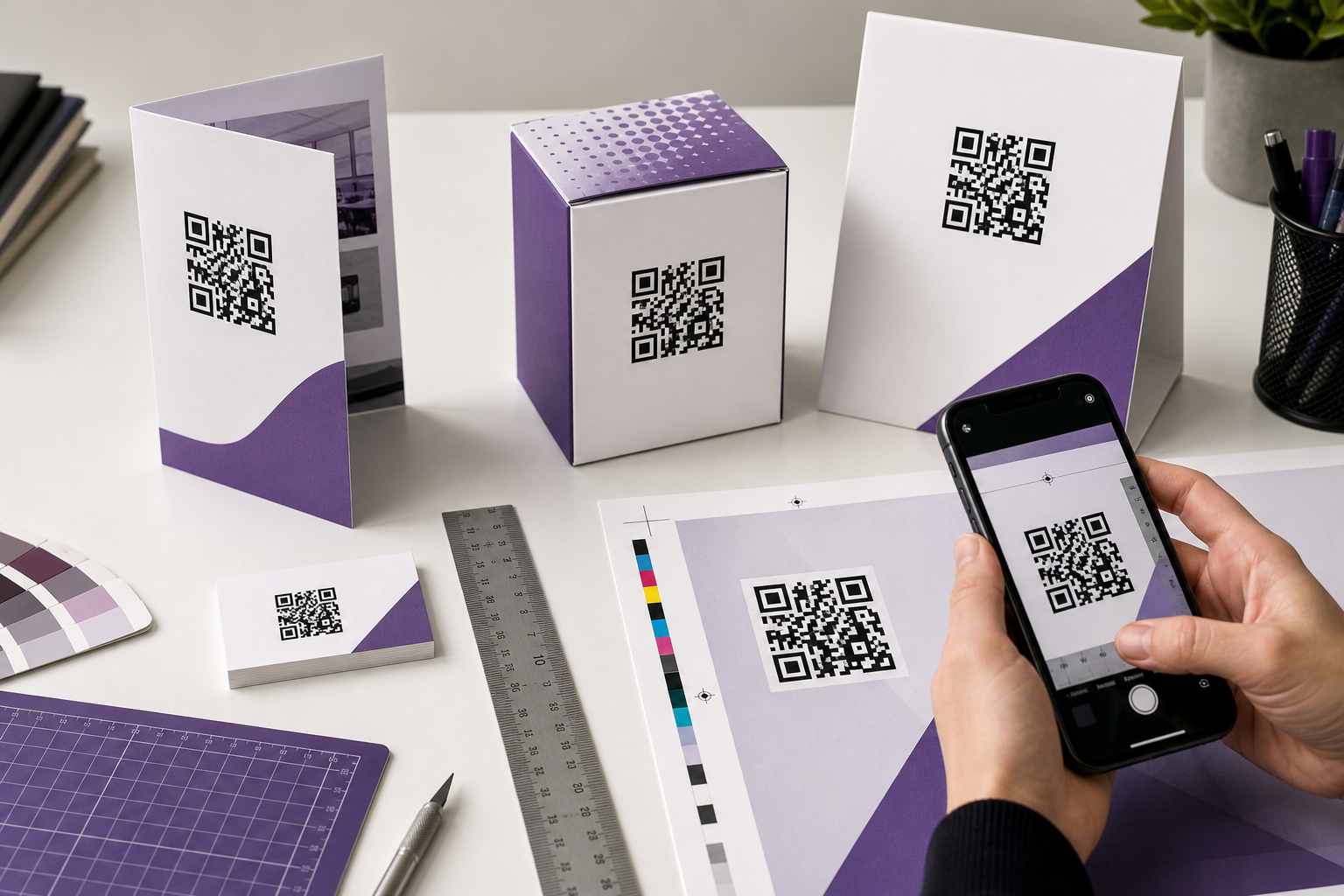 Printed QR codes at several sizes being tested with a phone.
