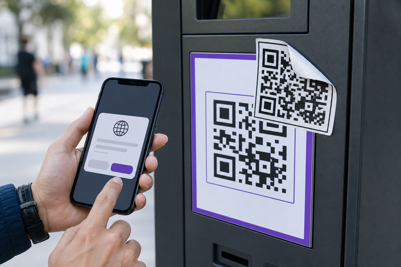 A suspicious QR code sticker being checked on a phone before opening its destination.