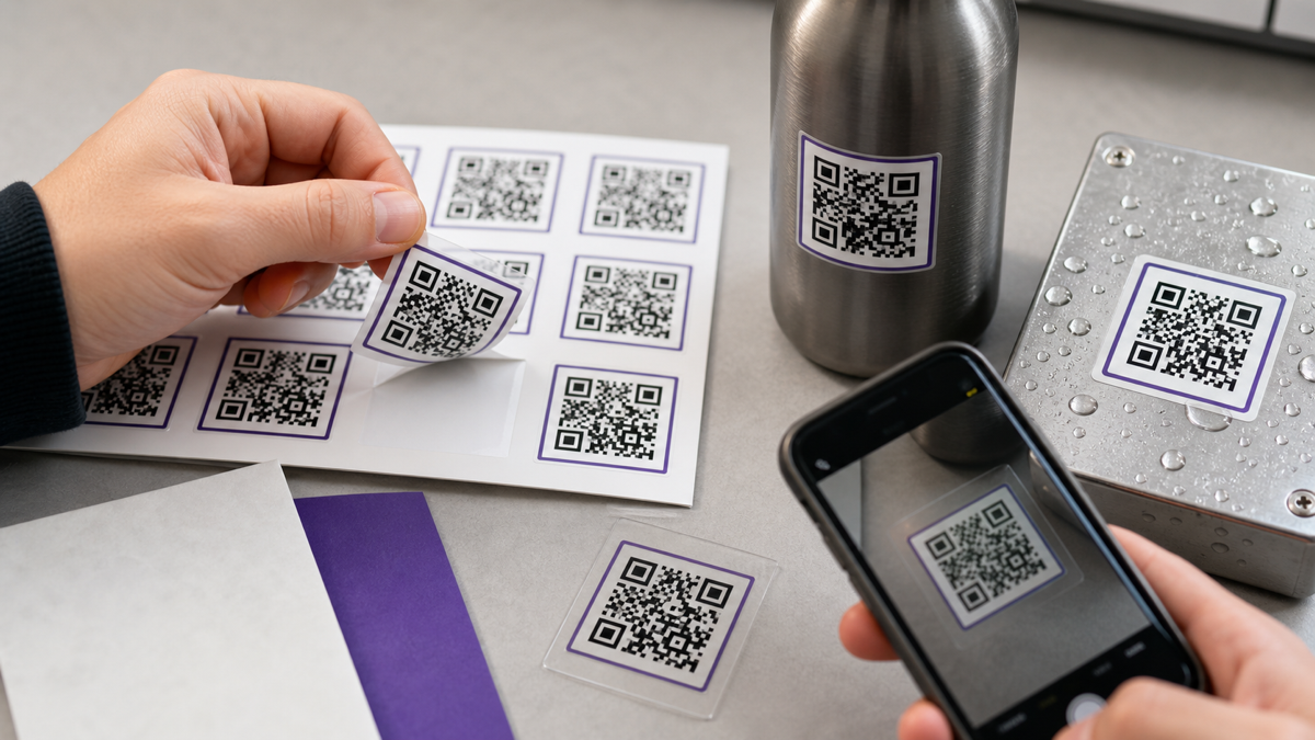 QR code stickers on paper, metal, and bottles being tested with a phone.