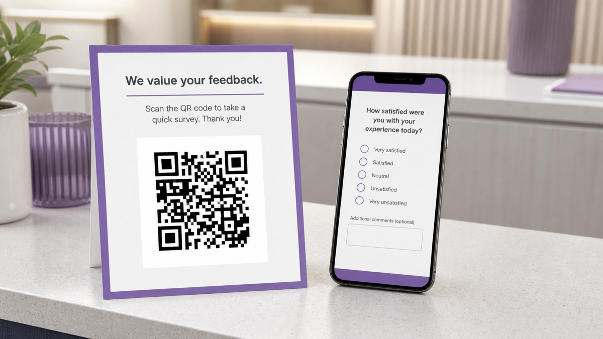 A feedback survey QR code beside a phone showing a short questionnaire.
