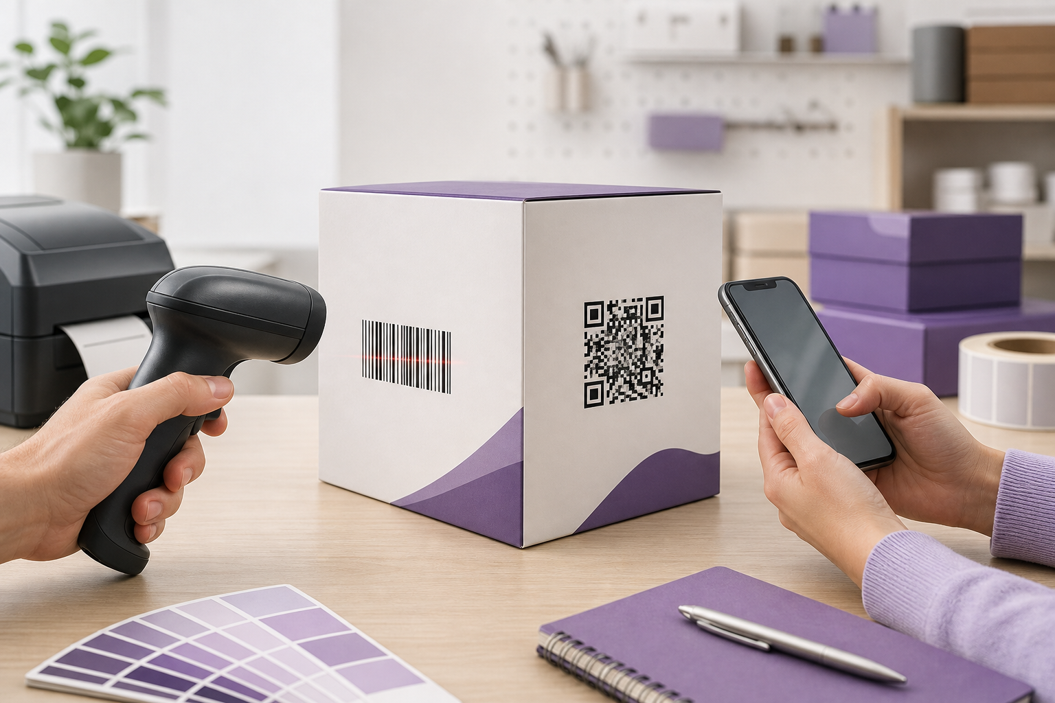 A package being scanned to compare a linear barcode with a QR code.