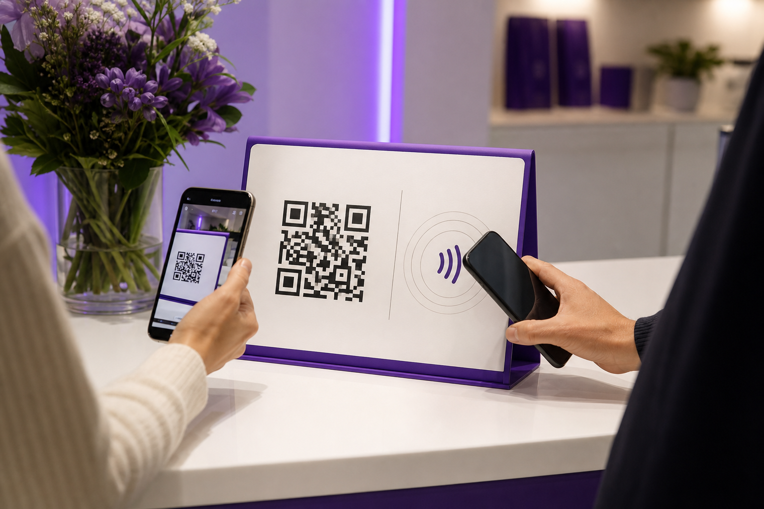 A phone scanning a QR code while another phone taps an NFC card.