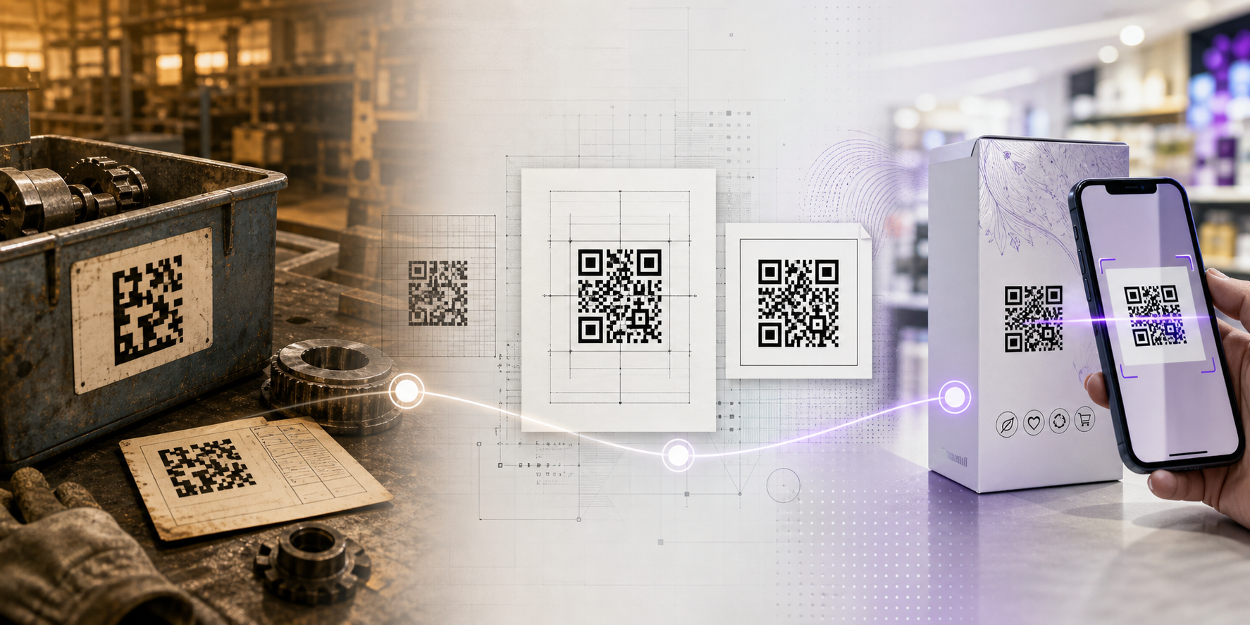 Early industrial QR labels progressing to printed codes and a smartphone scan.