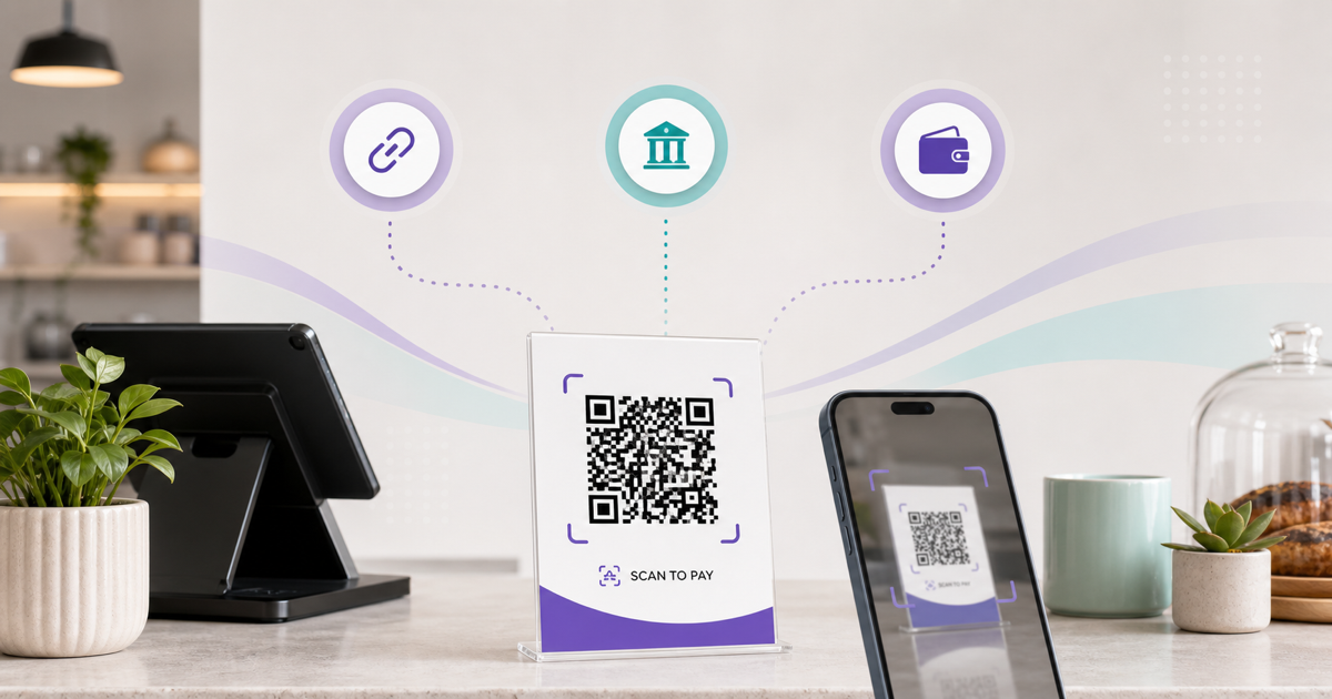 A payment QR code connected to card, bank, and digital wallet options.