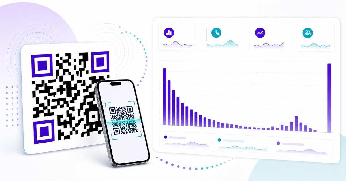 A QR code and phone scan beside charts from a scan benchmark report.