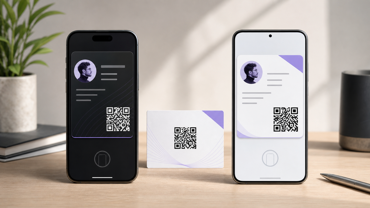 Apple Wallet and Google Wallet business card examples beside a printed QR code.