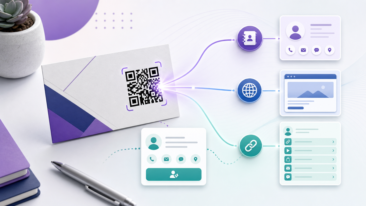 A business card QR code connected to vCard, website, and link-page options.