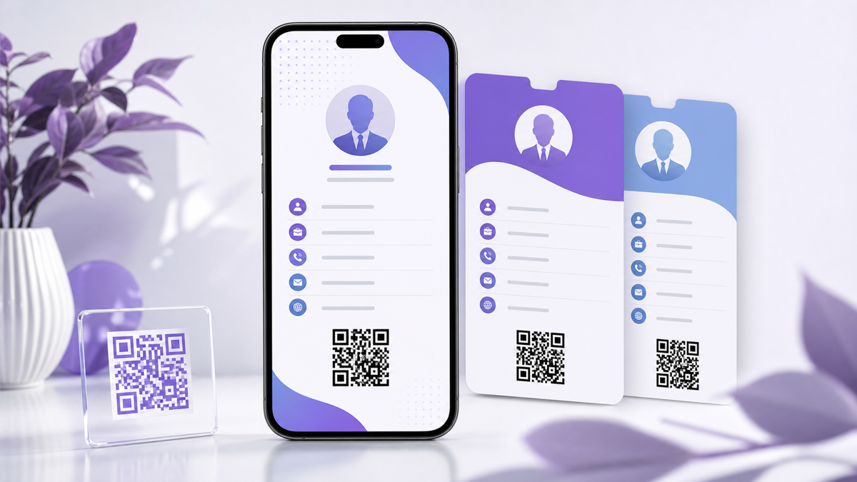 Digital business card profiles on phones and printed cards with QR codes.
