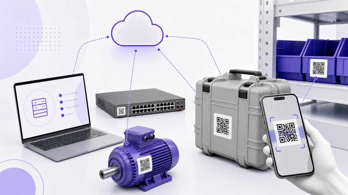 Industrial equipment and cases labeled with QR codes in an asset tracking system.