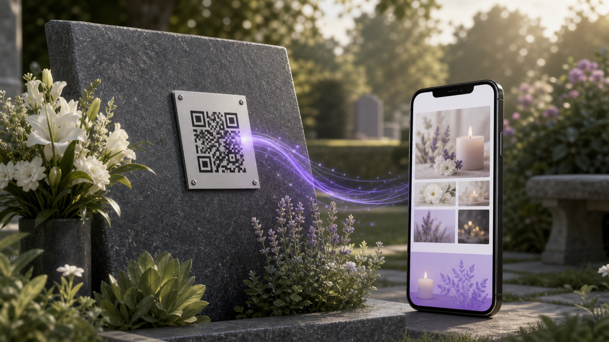 A memorial plaque with a QR code beside a phone displaying a photo tribute.