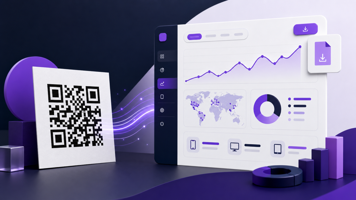 A QR code beside a dashboard with scan charts, geographic data, and device analytics.