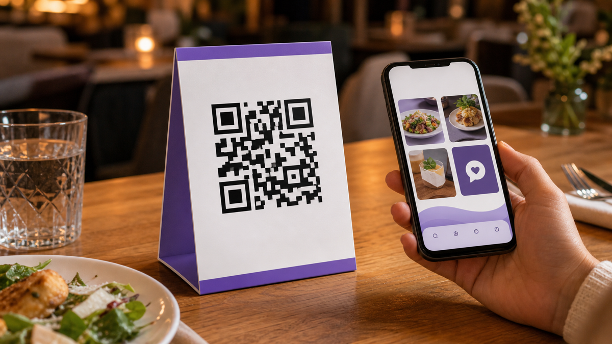 A restaurant table tent with a QR code beside a phone showing a menu.
