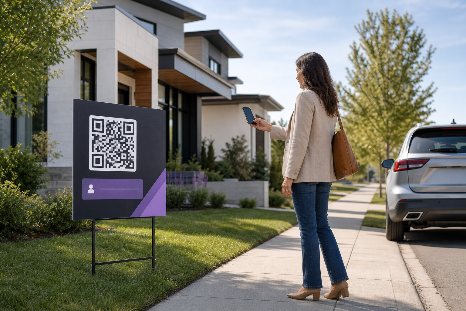 A home buyer scanning a QR code on a real estate listing sign.