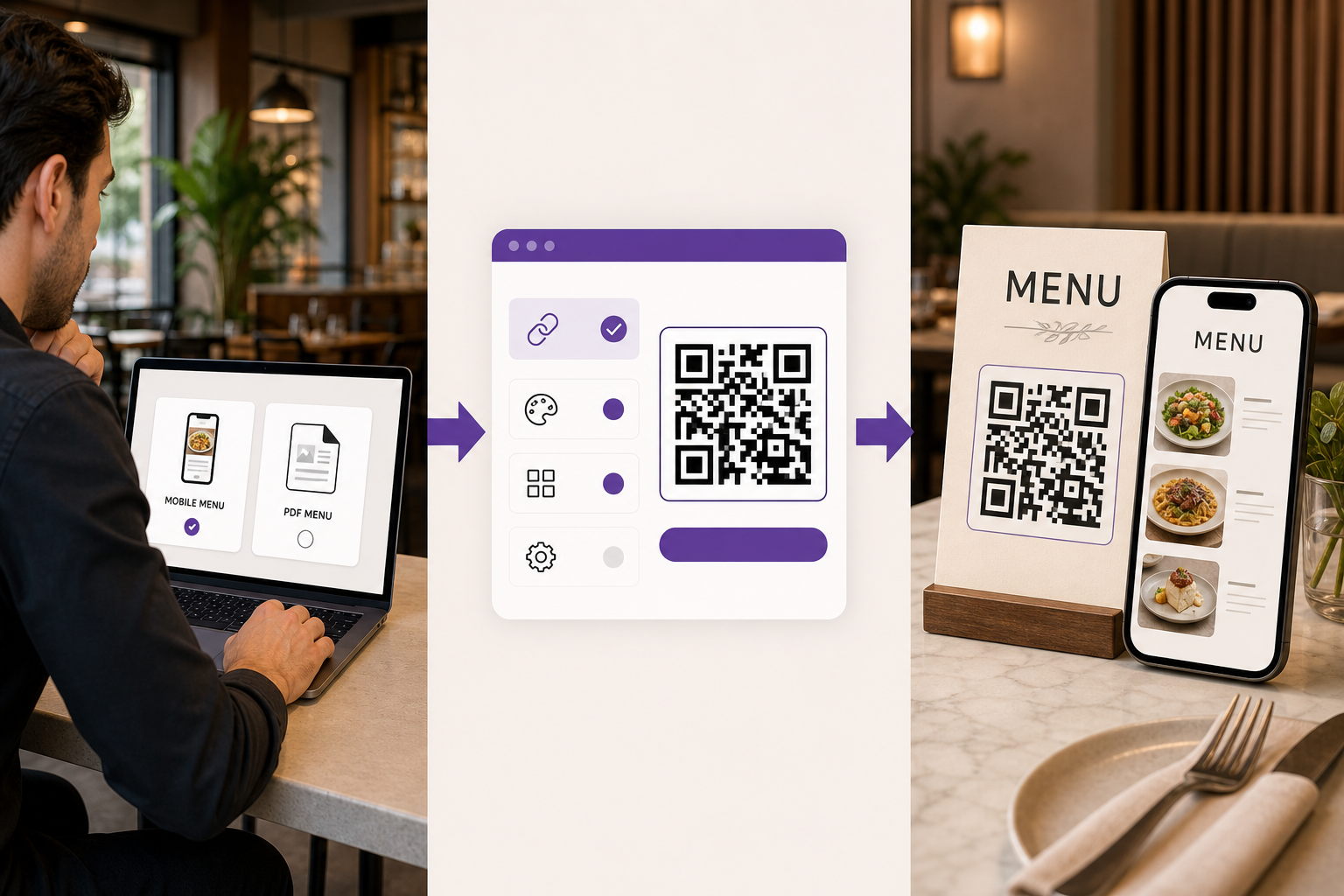 A restaurant menu QR code workflow from setup to a phone menu view.