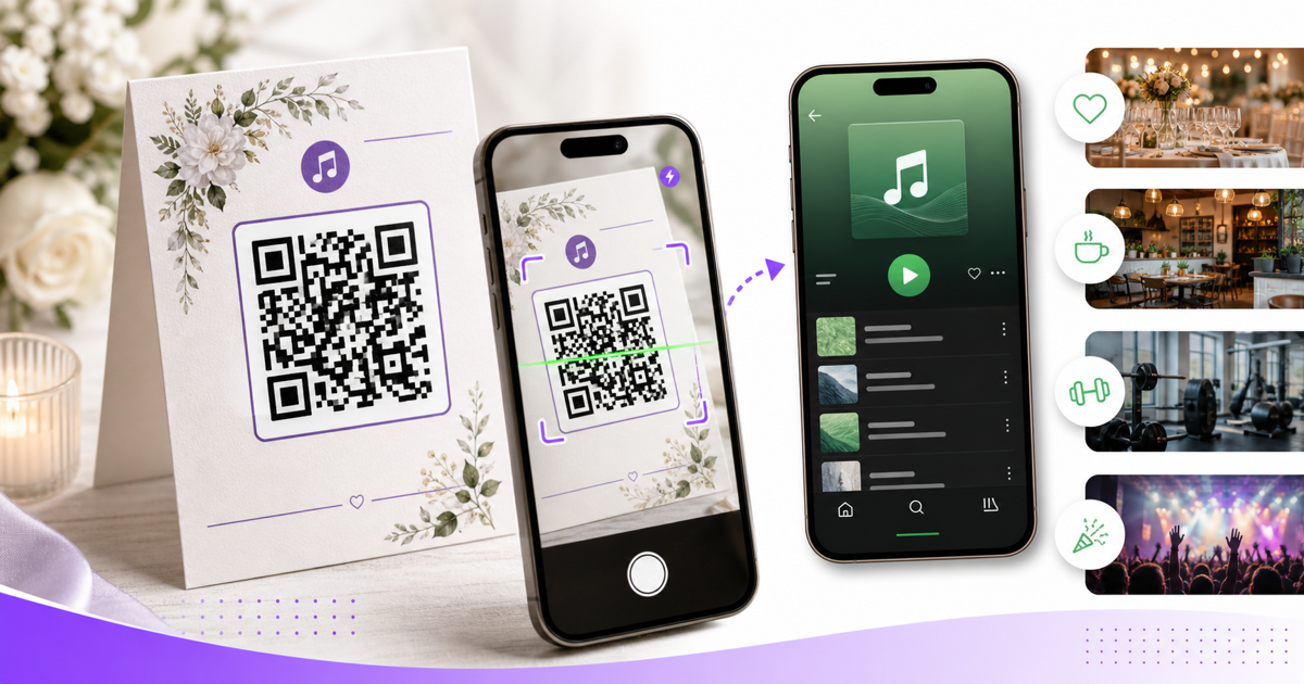 A playlist QR code being scanned before music opens on a phone.