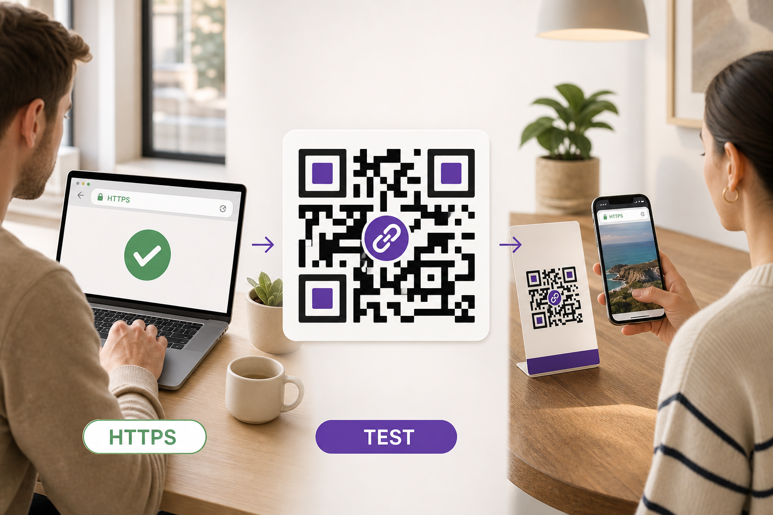 A URL QR code workflow showing secure destination entry, creation, and scan testing.