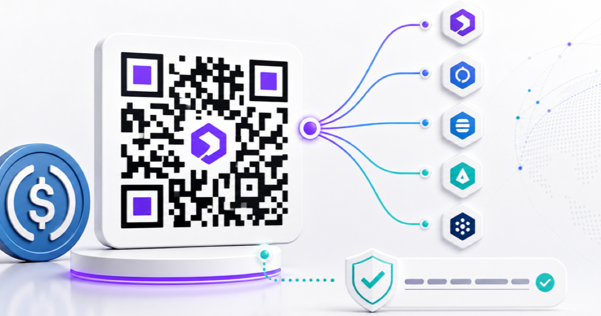 A USDC payment QR code connected to several blockchain network options.