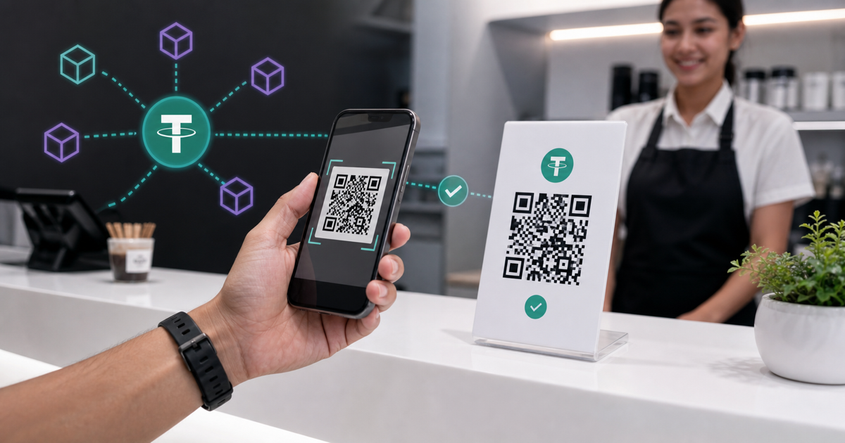 A customer scanning a USDT payment QR code at a merchant counter.