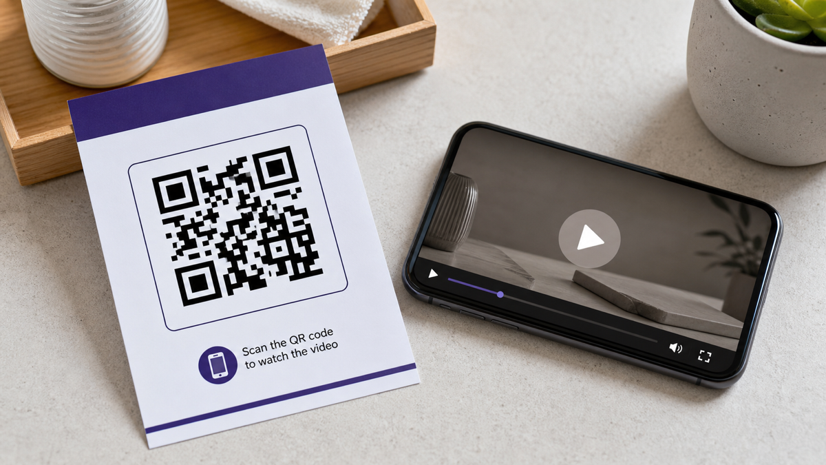 A printed video QR code beside a phone playing the linked video.